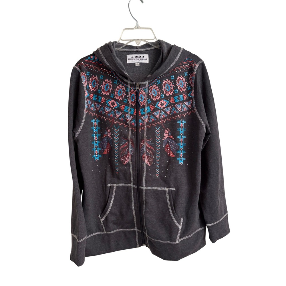 Back In The Saddle Womens Southwestern Feather Rhinestone Zip Hoodie Gray L